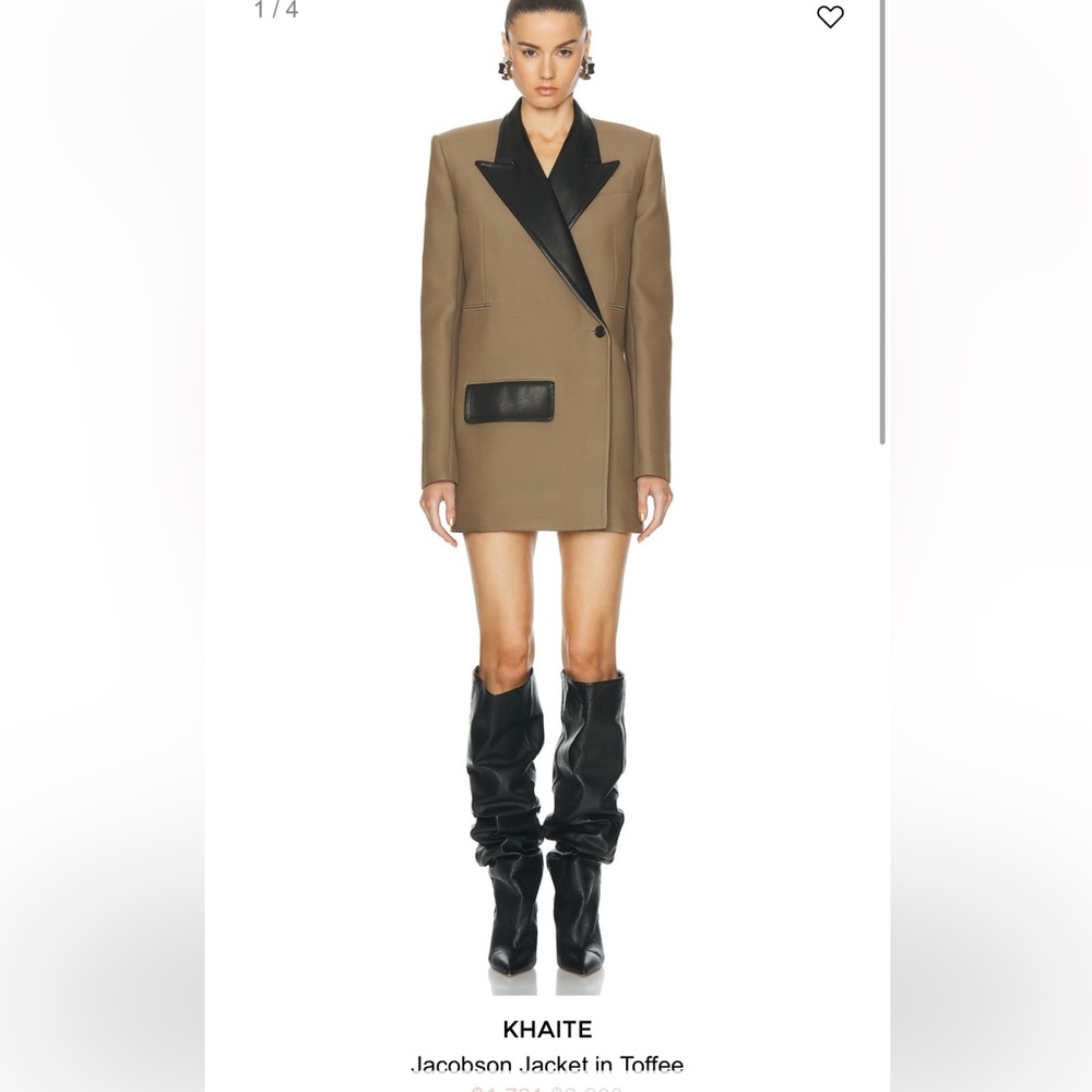 KHAITE Jacobson Jacket in Toffee Wool-Blend Blazer with Black Leather Lapel